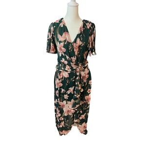 Velvet Fleur Green Pink Floral Lurex Faux Wrap Midi Dress 8 Flutter Sleeve